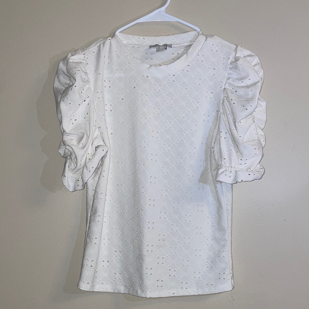 Revamped Elegant White Eyelet Blouse with Puff Sleeve NWOT $27